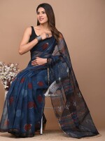 Kota Doria Hand block Print Saree Charcoal Blue & Black Color with Running Blouse