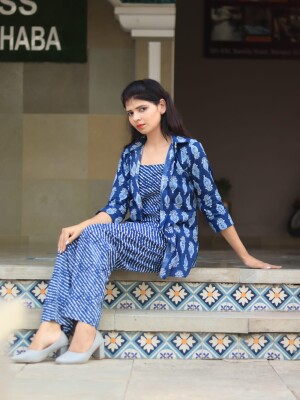 Cotton Indigo Print Co-ord Set in 3 Pcs.with 3/4th Sleeves