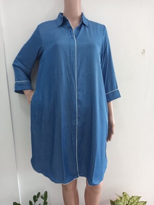 "Denim Look" shirt dress made from soft fabric, available in sizes ranging from M to 4XL.