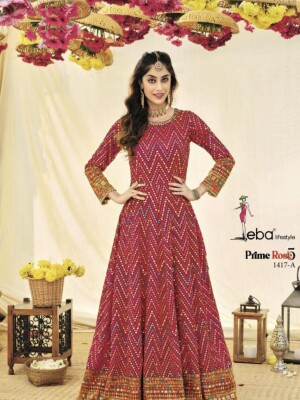 Rani Pink Color zig zag pattern embroidery work gown, Mirror work rani pink gown,