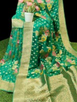 PURE  FLOWER ORGANZA  SILK SAREE WITH BROCADE BLOUSE PIECE