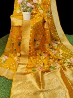 PURE  FLOWER ORGANZA  SILK SAREE WITH BROCADE BLOUSE PIECE