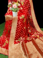 PURE  FLOWER ORGANZA  SILK SAREE WITH BROCADE BLOUSE PIECE