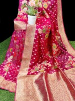 PURE  FLOWER ORGANZA  SILK SAREE WITH BROCADE BLOUSE PIECE