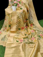 PURE  FLOWER ORGANZA  SILK SAREE WITH BROCADE BLOUSE PIECE