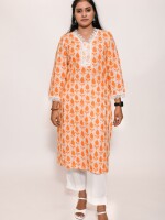 Straight-cut stylish orange and yellow motif floral kurta with a beautiful lace neckline and 3/4 sleeves