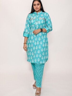 Turquoise blue apple cut stand collar printed co-ord set with roll-on sleeves