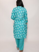 Turquoise blue apple cut stand collar printed co-ord set with roll-on sleeves