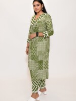 Olive green pure cotton A-line pleated flared hand-printed kurta, paired with matching Leheriya print pants and yoke, perfect  fashionable and elegant