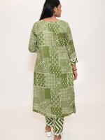 Olive green pure cotton A-line pleated flared hand-printed kurta, paired with matching Leheriya print pants and yoke, perfect  fashionable and elegant