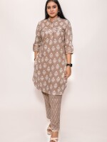 Cappuccino Brown Apple cut stand collar printed co-ord set with roll-on sleeves, Designer Wear Co-ord Sets