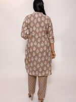 Cappuccino Brown Apple cut stand collar printed co-ord set with roll-on sleeves, Designer Wear Co-ord Sets