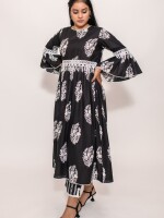 Flared printed black and white breathable cotton kurta with a designer lace yoke line and sleeves is chic and comfortable ensemble