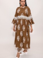 Flared printed brown and white breathable cotton kurta with a designer lace yoke line and sleeves is chic and comfortable ensemble.