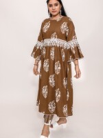 Flared printed brown and white breathable cotton kurta with a designer lace yoke line and sleeves is chic and comfortable ensemble.