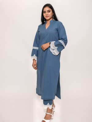 Stylish and comfortable Blue color Cotton kurta with lace bell sleeves
