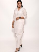 Pure cotton Hakoba fabric off white short kurti with a mirror work neckline, paired with matching Afghani pants
