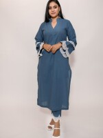 Stylish and comfortable Blue color Cotton kurta with lace bell sleeves