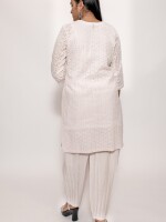 Pure cotton Hakoba fabric off white short kurti with a mirror work neckline, paired with matching Afghani pants
