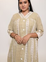 Printed matte beige color crush textured cotton loose-fit V-neck front button kurta paired with matching pants