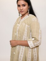 Printed matte beige color crush textured cotton loose-fit V-neck front button kurta paired with matching pants