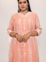 Printed Peach color crush texture cotton loose-fit V-neck front button kurta paired with matching pants