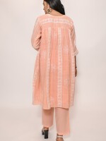 Printed Peach color crush texture cotton loose-fit V-neck front button kurta paired with matching pants