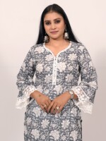 Straight-cut cotton grey and white floral printed kurta highlighted with lace and pearls, paired with Leheriya cotton pants.