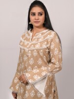 Straight Cappuccino Brown printed kurta with open bell sleeves and layered lace neck, paired with cotton printed matching pants