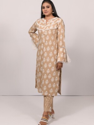 Straight Cappuccino Brown printed kurta with open bell sleeves and layered lace neck, paired with cotton printed matching pants