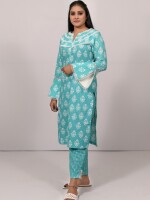 Straight Turquoise Blue printed kurta with slit sleeves and layered lace neck, paired with cotton printed matching pants