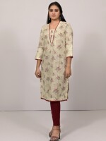 The pista green straight-cut cotton Chikankari floral print kurta with highlighted lace and buttons