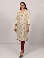 The pista green straight-cut cotton Chikankari floral print kurta with highlighted lace and buttons
