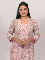 The matt onion pink straight cotton Chikankari floral print kurta with highlighted lace and buttons