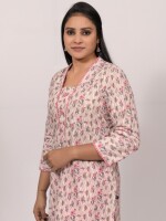 The matt onion pink straight cotton Chikankari floral print kurta with highlighted lace and buttons