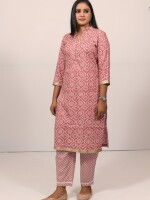 The onion pink cotton Bandhej straight-cut kurta set highlighted with sparkling diamond and lace on the neck, paired with Leheriya cotton print pants