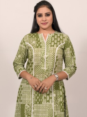 A-line cotton olive green printed kurti highlighted with lace on princess line, paired with Leheriya cotton pants