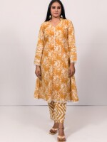 A-line cotton mustard floral printed kurta with a center button line pattern and multilayered lace sleeves, paired with Leheriya cotton pants,