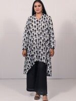 Black and white buds motif cotton print asymmetric tail cut loose fit kurta, paired with solid black palazzo pants