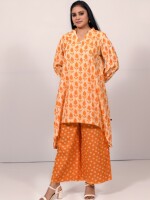 Orange and peach bud motif cotton print asymmetric tail cut loose kurta, paired with bandhej printed orange palazzo pants,