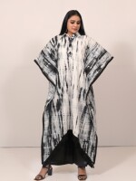 Black and white cotton tie & dye print shirt collar kaftan with matching lace on the edges, paired with solid black palazzo pants