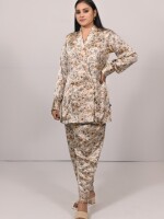Pastel color satin overlap 4-button coat pattern co-ord set, trendy fashionable ensemble