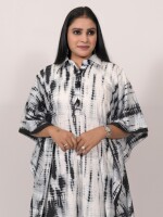 Black and white cotton tie & dye print shirt collar kaftan with matching lace on the edges, paired with solid black palazzo pants