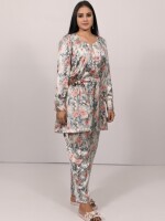 Blue pastel colors and a soft pink floral print satin co-ord set with a belt