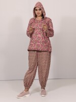 Pure Cotton Matte Pink Floral Print Co-Ord Set With a hoodie, Paired with printed matching cotton jogger pants