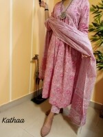 Pure cotton onion pink colored kurta pant dupatta set in Alia cut. Embroidered gota patti Detailing on the neck and sleeves .