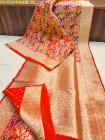 EXCLUSIVE RED PASHMINA KATAN SILK SAREE,ALL OVER COPPER ZARI WEAVING WITH MINA WORK