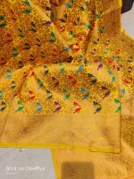 Exclusive yellow pashmina katan silk saree, all over copper zari weaving with mina work