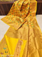 Exclusive yellow pashmina katan silk saree, all over copper zari weaving with mina work