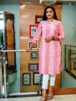 Ethereal Pure Cotton White & Pink  all over Self Thread Work Printed Kurti, a blend of comfort and breathability